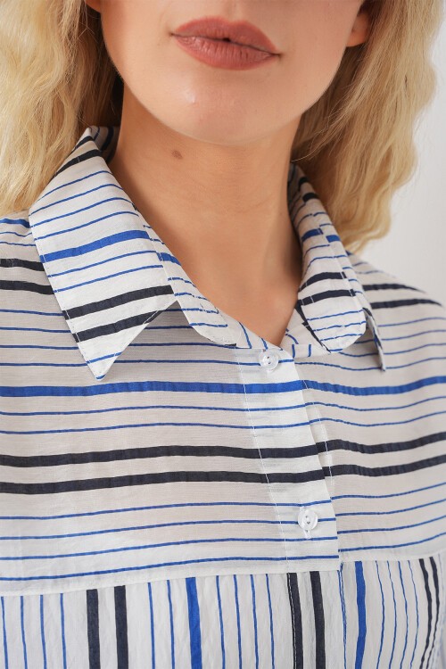 Kadın Çizgili Kısa Kol Gömlek 20344 - Lacivert