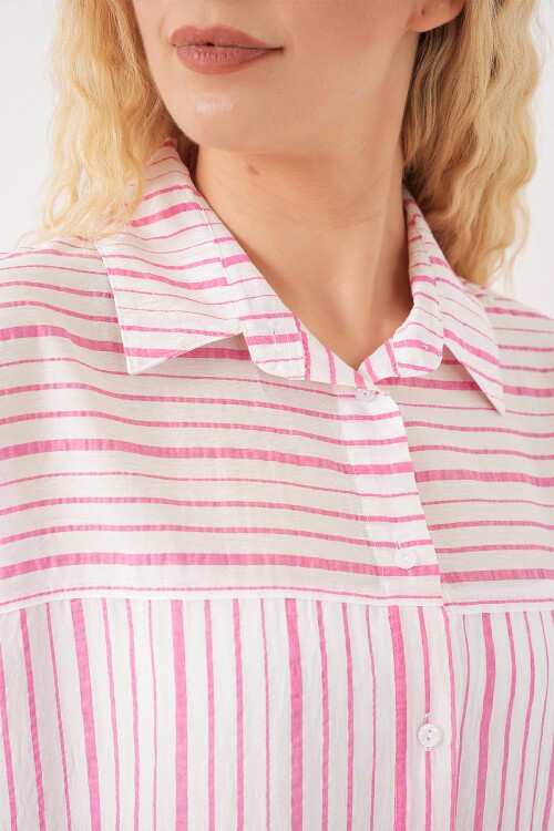 Kadın Çizgili Kısa Kol Gömlek 20344 - Pudra