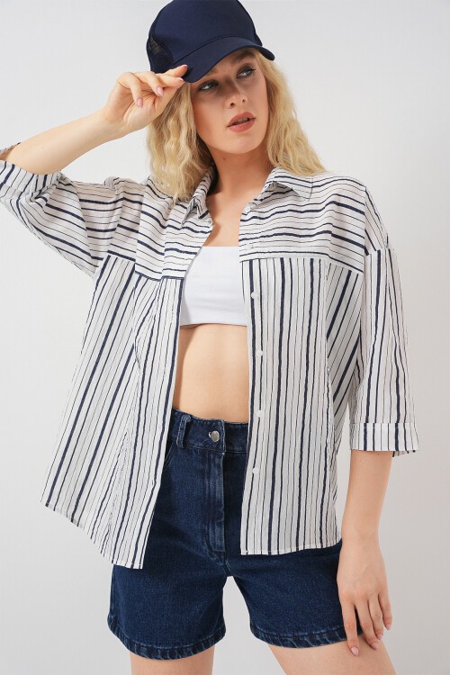 Kadın Çizgili Kısa Kol Gömlek 20344 - Siyah