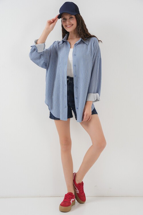 Merterium Kadın Çizgili Oversize Gömlek 20295 - İndigo