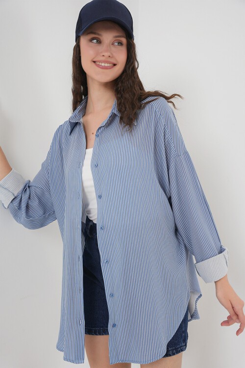 Merterium Kadın Çizgili Oversize Gömlek 20295 - İndigo