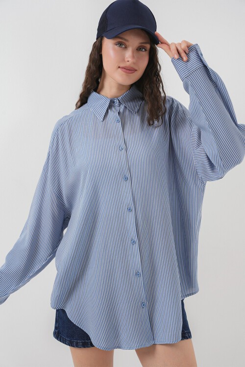 Merterium Kadın Çizgili Oversize Gömlek 20295 - İndigo