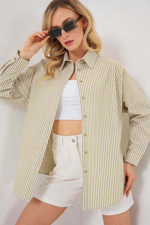 Merterium Kadın Çizgili Oversize Gömlek 20332 - Çağla