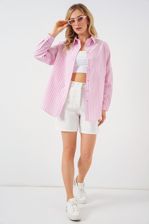 Merterium Kadın Çizgili Oversize Gömlek 20332 - Pudra
