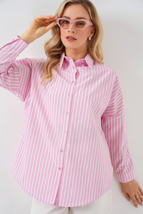 Merterium Kadın Çizgili Oversize Gömlek 20332 - Pudra