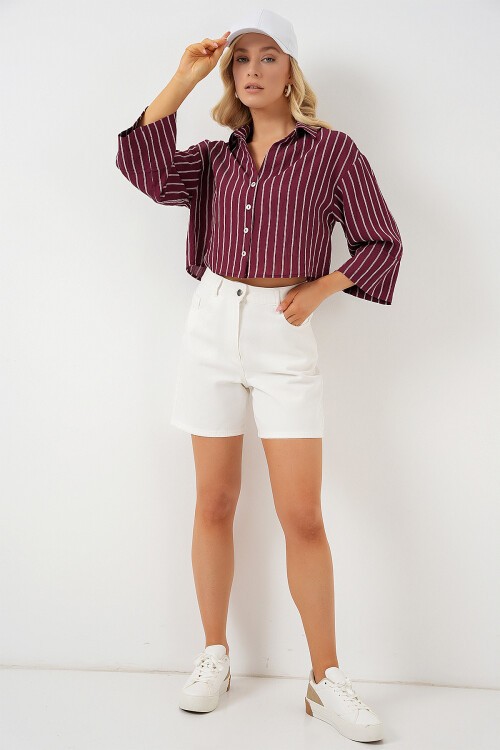 Merterium Kadın Çizgili Oversize Kısa Gömlek 20326 - Bordo