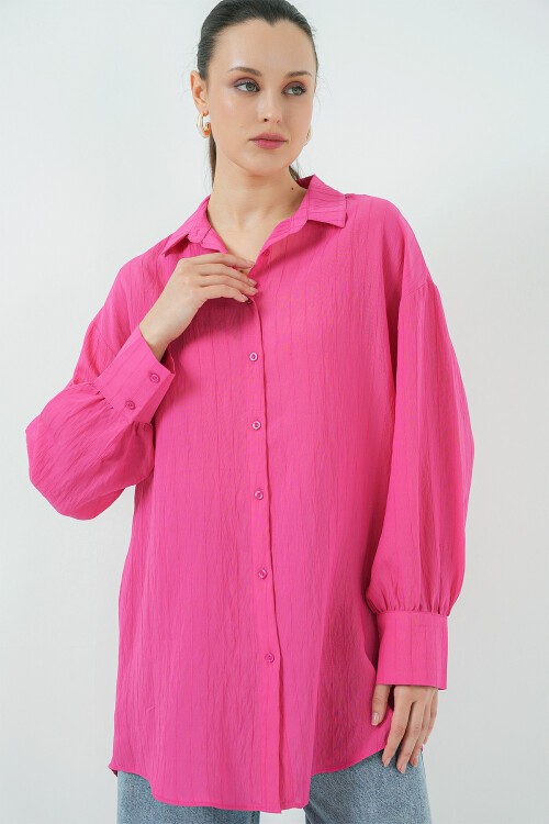 Merterium Kadın Çizgili Uzun Gömlek Tunik 5963 - Fuşya