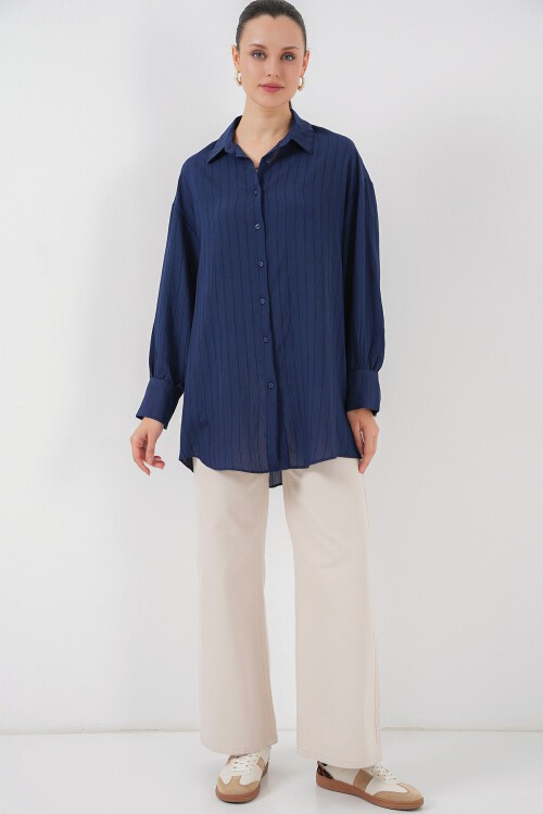 Merterium Kadın Çizgili Uzun Gömlek Tunik 5963 - Lacivert