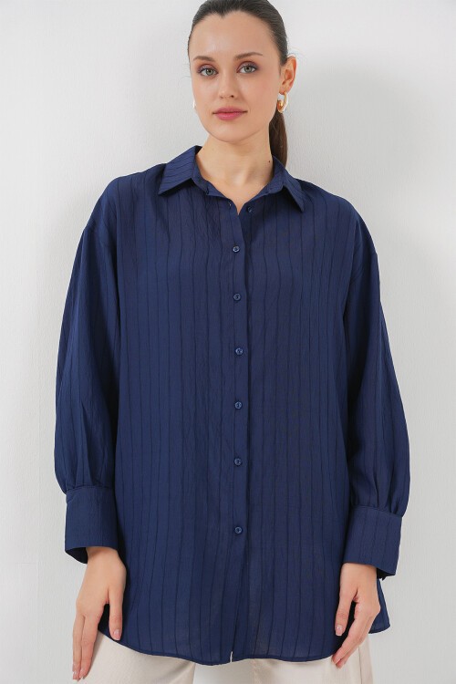 Merterium Kadın Çizgili Uzun Gömlek Tunik 5963 - Lacivert