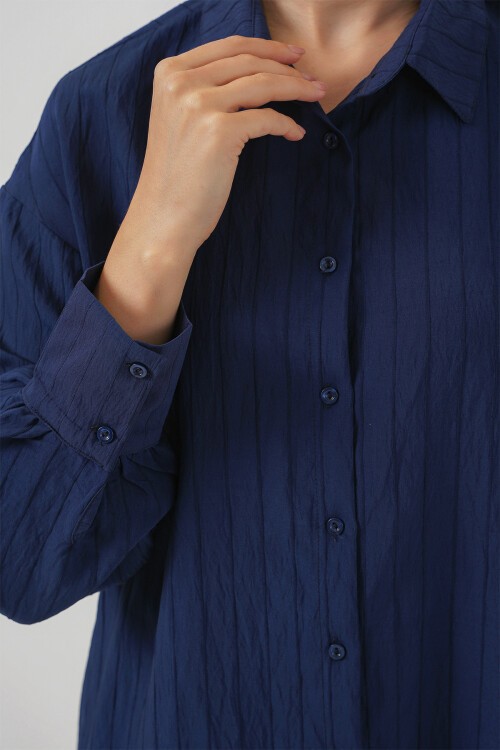 Merterium Kadın Çizgili Uzun Gömlek Tunik 5963 - Lacivert