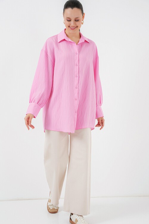 Merterium Kadın Çizgili Uzun Gömlek Tunik 5963 - Pembe
