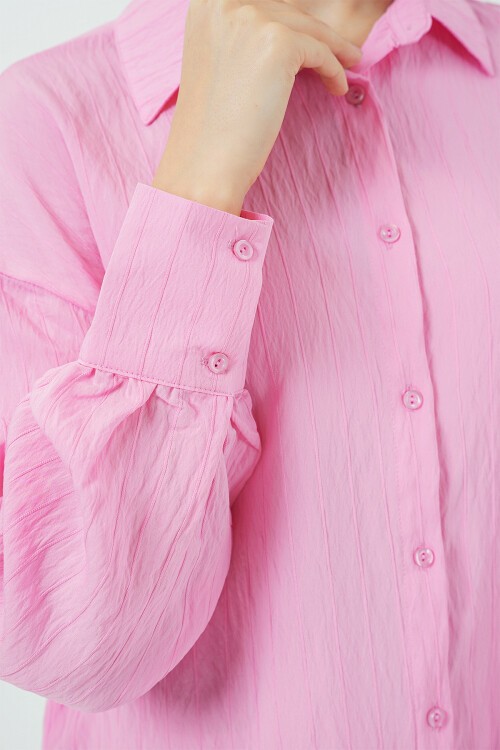 Merterium Kadın Çizgili Uzun Gömlek Tunik 5963 - Pembe