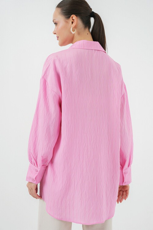 Merterium Kadın Çizgili Uzun Gömlek Tunik 5963 - Pembe