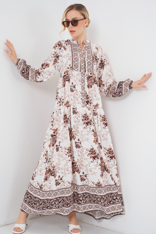 Kadın Desenli Kahverengi Viskon Tesettür Elbise 2423