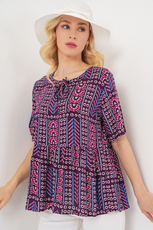 Kadın Desenli Kısa Kol Bluz 969 - Bordo