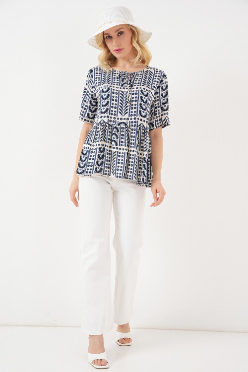 Kadın Desenli Kısa Kol Bluz 969 - İndigo