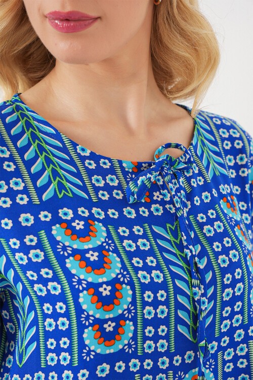 Kadın Desenli Kısa Kol Bluz 969 - Saks