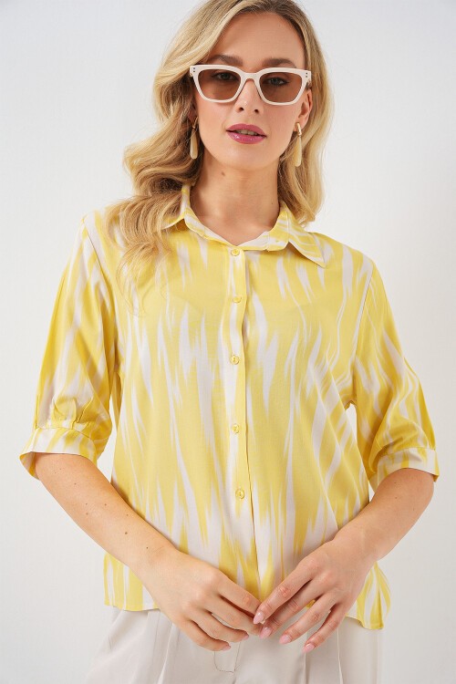 Merterium Kadın Desenli Kısa Kol Crop Gömlek 20337 - Sarı