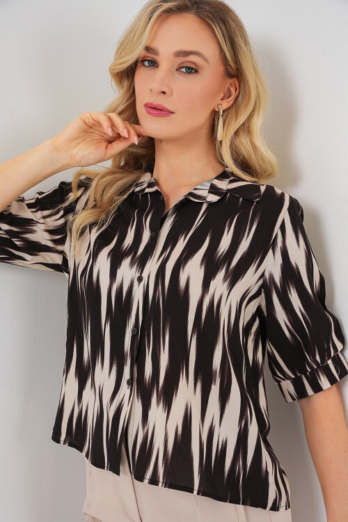 Merterium Kadın Desenli Kısa Kol Crop Gömlek 20337 - Siyah