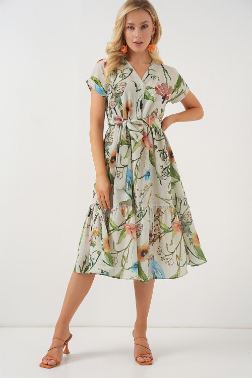 Merterium Kadın Desenli Kısa Kol Elbise 2558 - Çağla