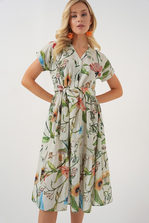 Merterium Kadın Desenli Kısa Kol Elbise 2558 - Çağla