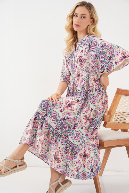 Kadın Desenli Kısa Kol Elbise 2562 - Fuşya