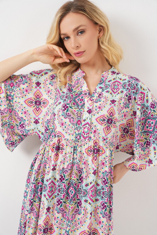 Kadın Desenli Kısa Kol Elbise 2562 - Fuşya