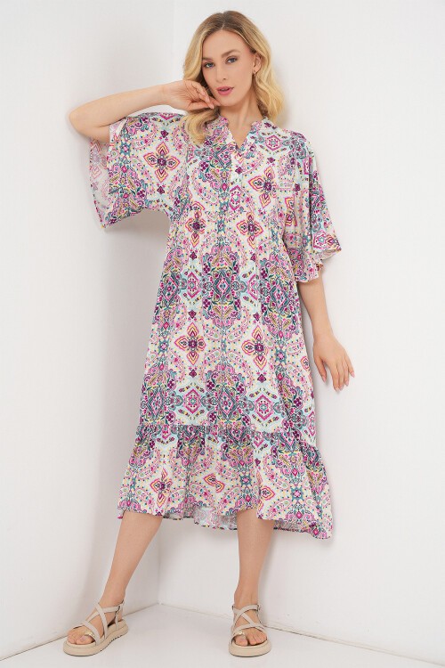 Kadın Desenli Kısa Kol Elbise 2562 - Fuşya