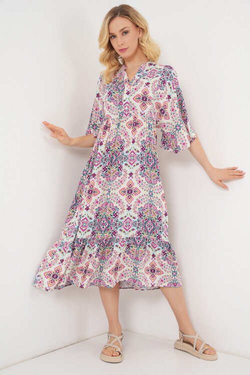 Kadın Desenli Kısa Kol Elbise 2562 - Fuşya