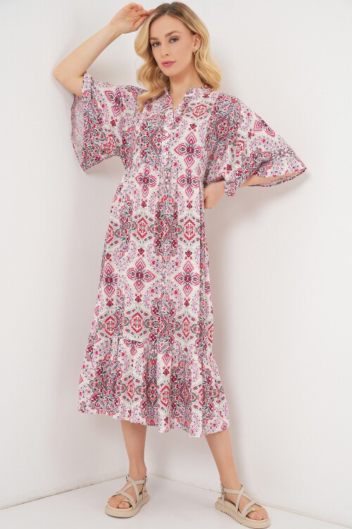 Kadın Desenli Kısa Kol Elbise 2562 - Kırmızı