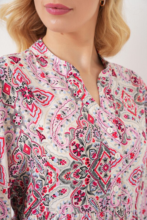 Kadın Desenli Kısa Kol Elbise 2562 - Kırmızı