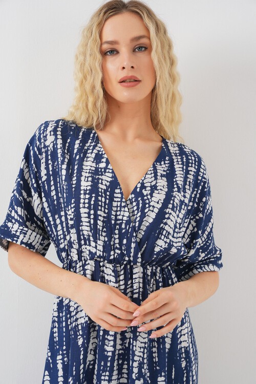 Kadın Desenli Kısa Kol Elbise 2569 - Lacivert