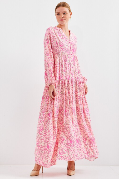 Kadın Desenli Pembe Viskon Tesettür Elbise 2423