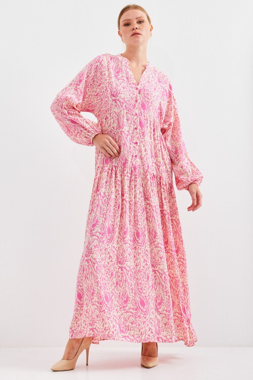 Kadın Desenli Pembe Viskon Tesettür Elbise 2423