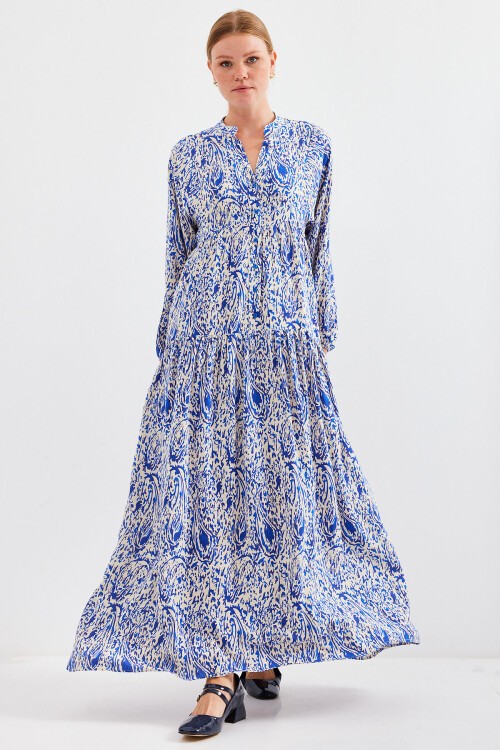 Kadın Desenli Saks Viskon Tesettür Elbise 2423