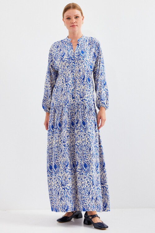 Kadın Desenli Saks Viskon Tesettür Elbise 2423