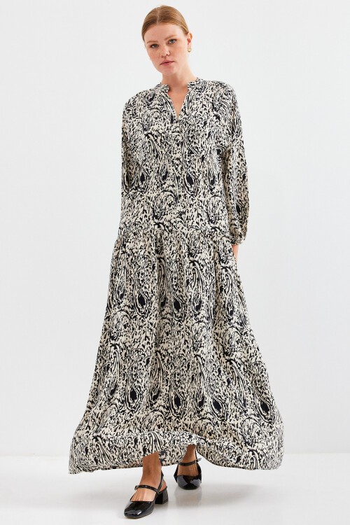 Merterium Kadın Desenli Siyah  Viskon Tesettür Elbise 2423