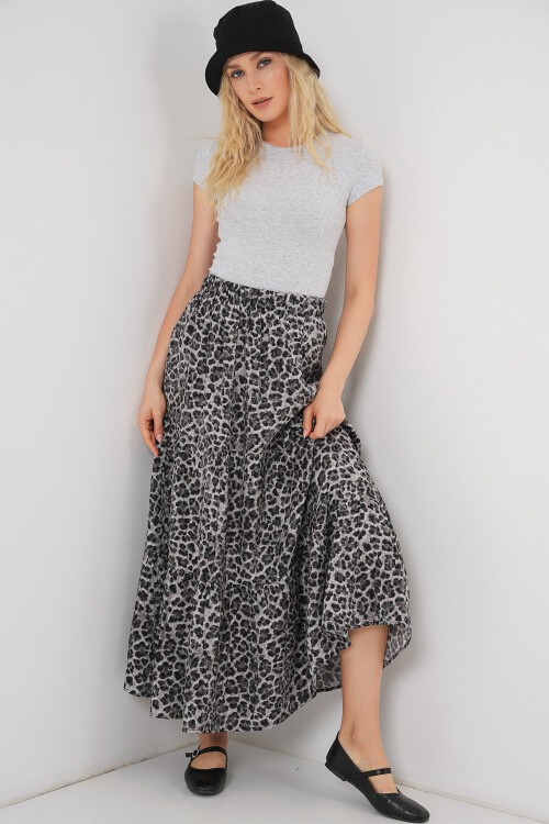 Kadın Desenli Uzun Etek 8053 - Antrasit