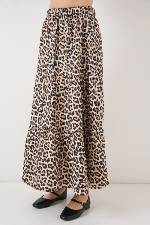 Kadın Desenli Uzun Etek 8053 - C. Kahverengi