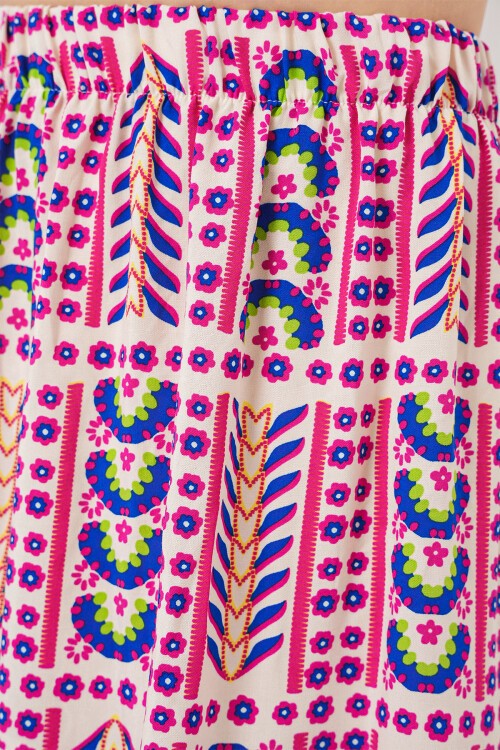 Kadın Desenli Uzun Etek 8053 - Fuşya