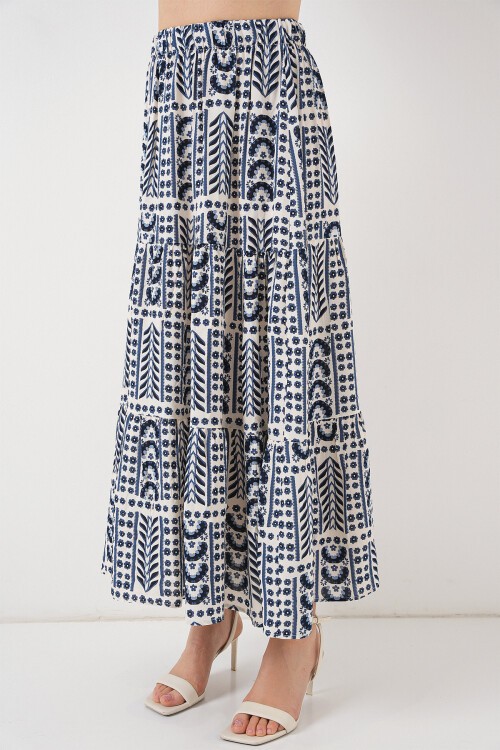Kadın Desenli Uzun Etek 8053 - Krem