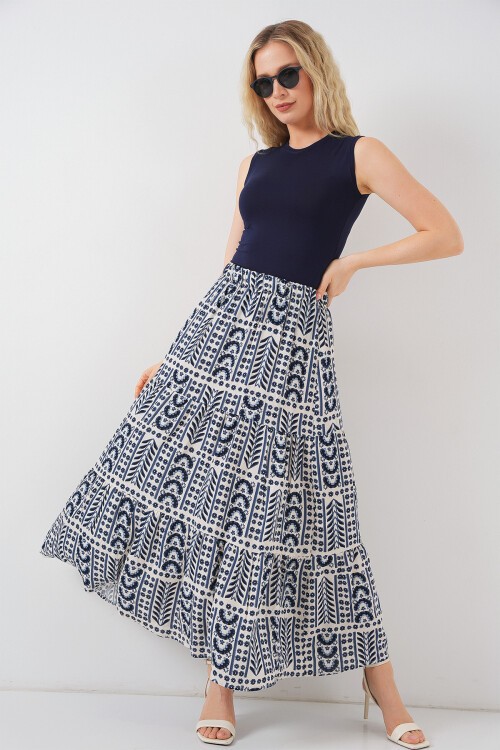 Kadın Desenli Uzun Etek 8053 - Krem