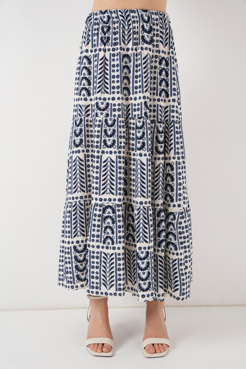 Kadın Desenli Uzun Etek 8053 - Krem