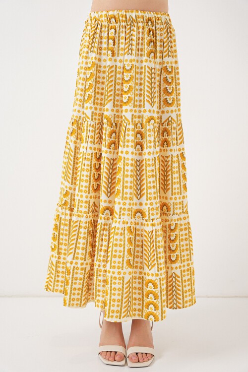 Kadın Desenli Uzun Etek 8053 - Sarı