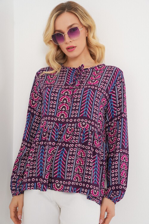 Kadın Desenli Uzun Kol Bluz 970 - Bordo