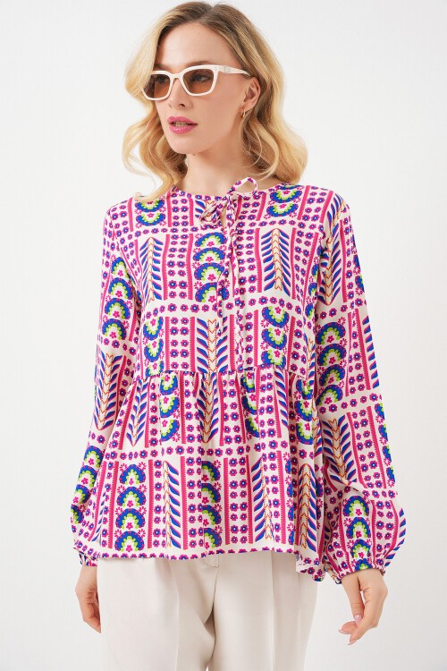 Kadın Desenli Uzun Kol Bluz 970 - Fuşya