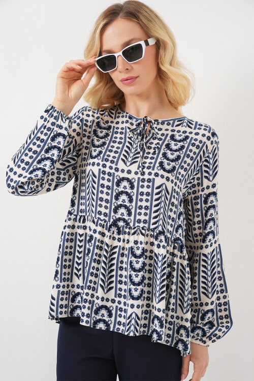 Kadın Desenli Uzun Kol Bluz 970 - İndigo