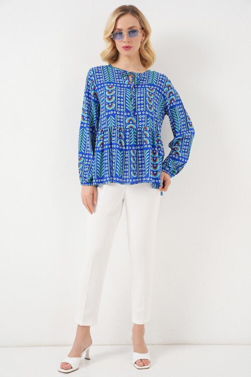 Kadın Desenli Uzun Kol Bluz 970 - Saks