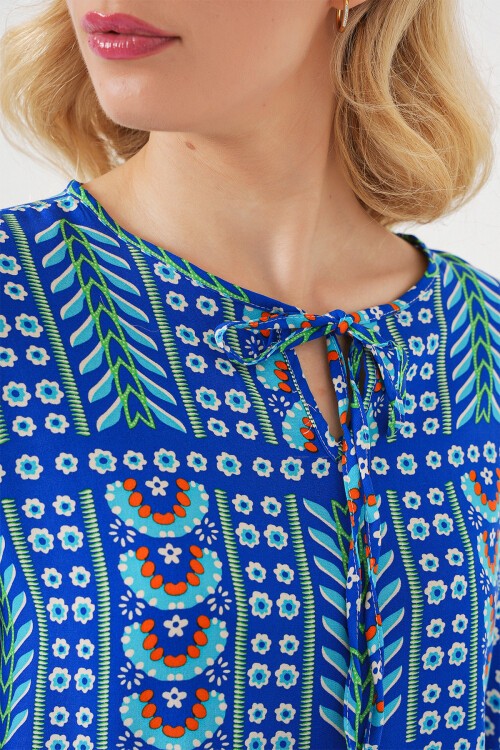 Kadın Desenli Uzun Kol Bluz 970 - Saks