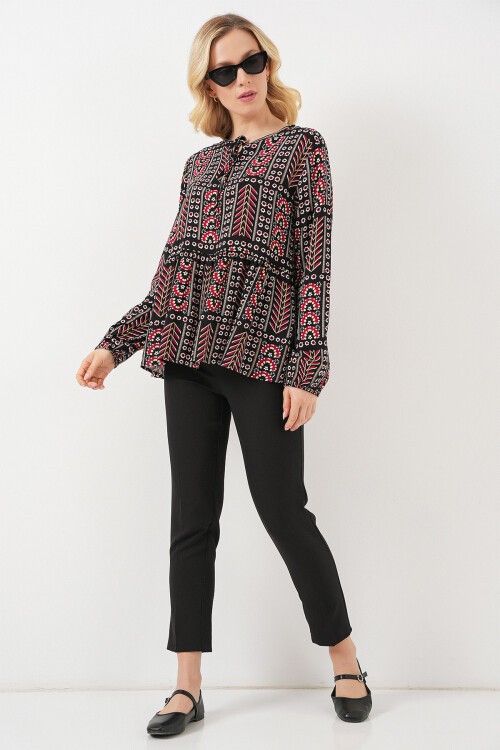 Kadın Desenli Uzun Kol Bluz 970 - Siyah